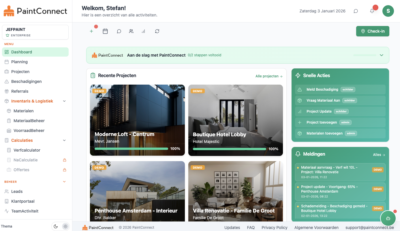 PaintConnect Dashboard - Overzicht van projecten, planning, activiteiten en meldingen voor schildersbedrijven